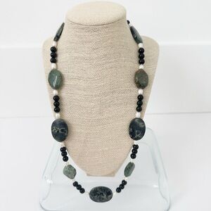 NWT Genuine Jasper, Pearls & Black Onyx Necklace Black Gray White